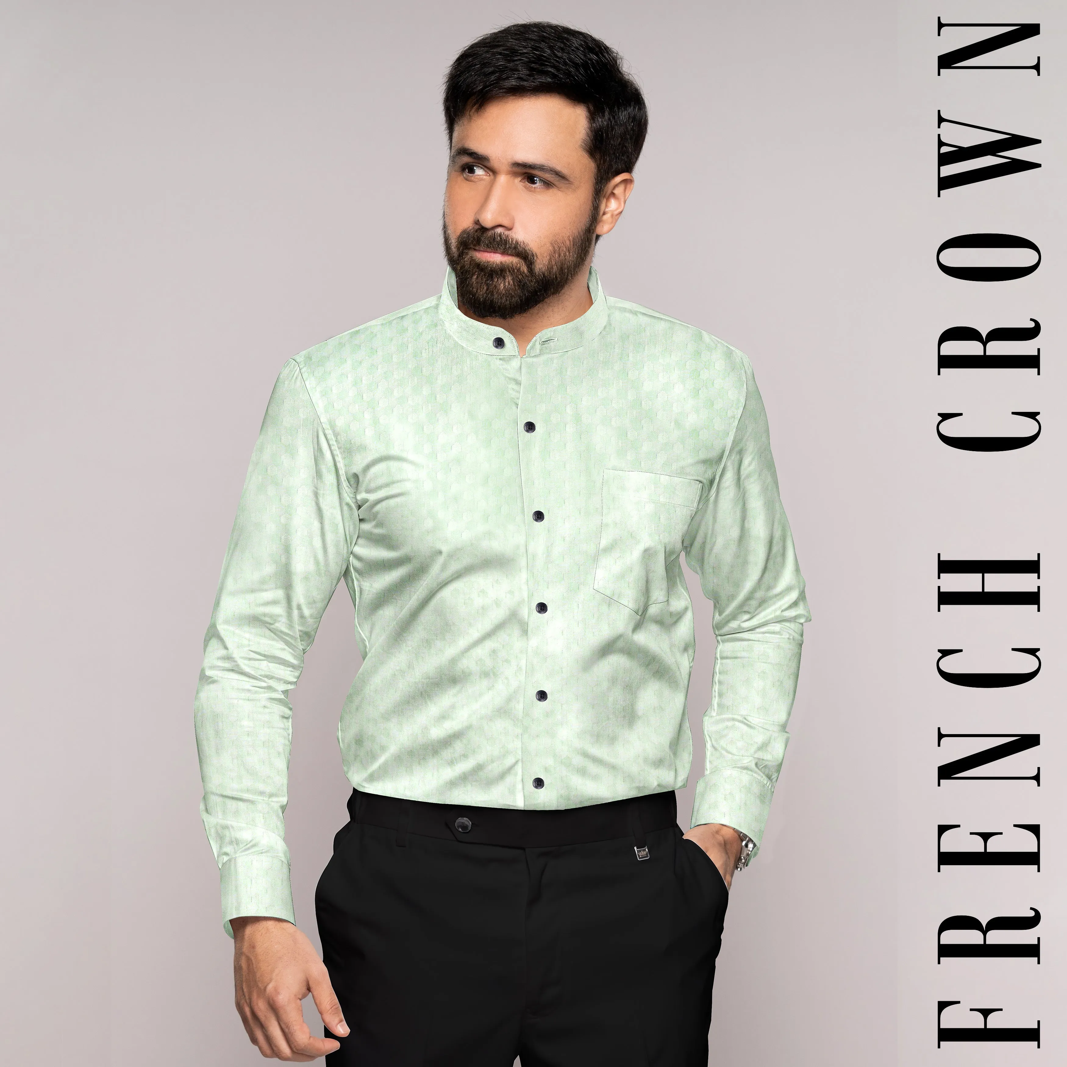 Albescent Green Hexagonal Jacquard Textured Premium Giza Cotton Shirt