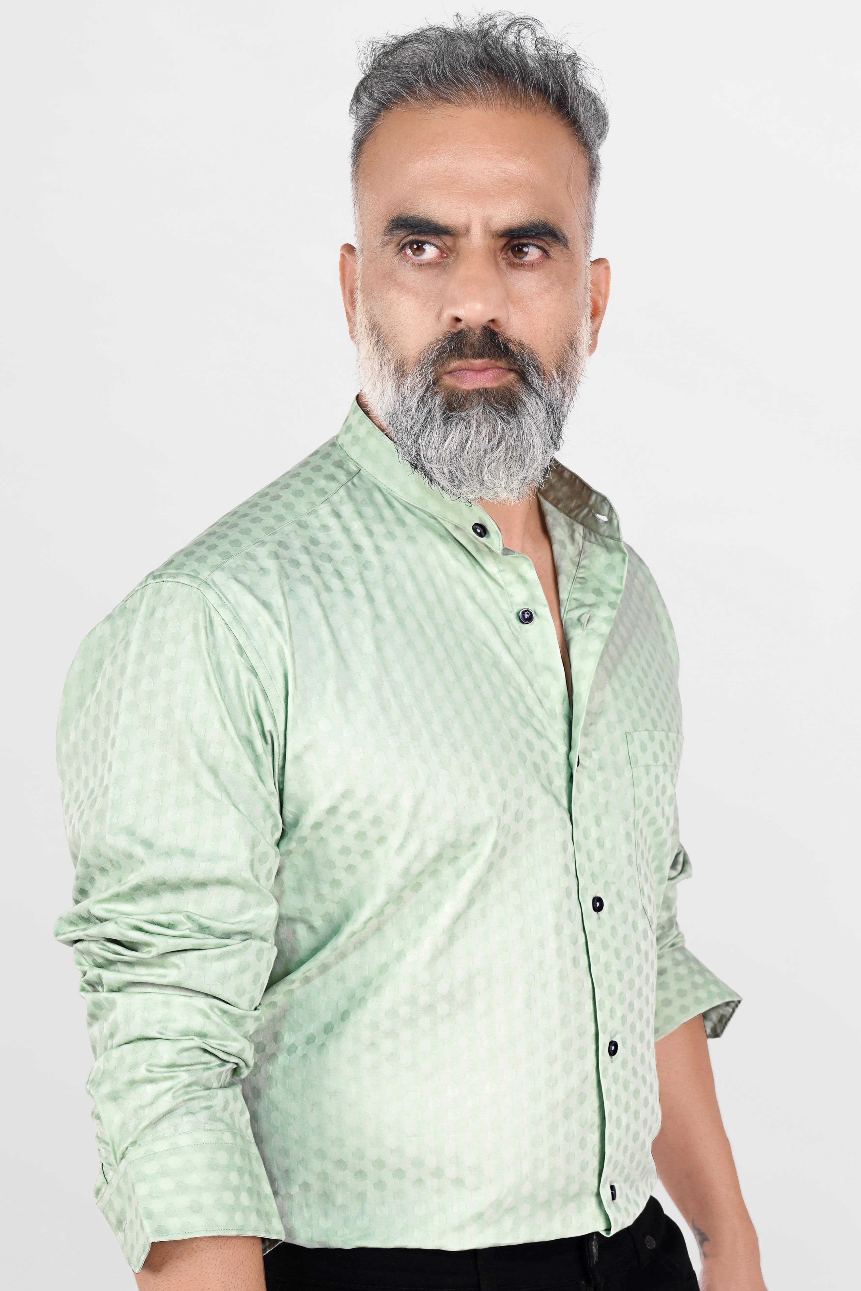 Albescent Green Hexagonal Jacquard Textured Premium Giza Cotton Shirt