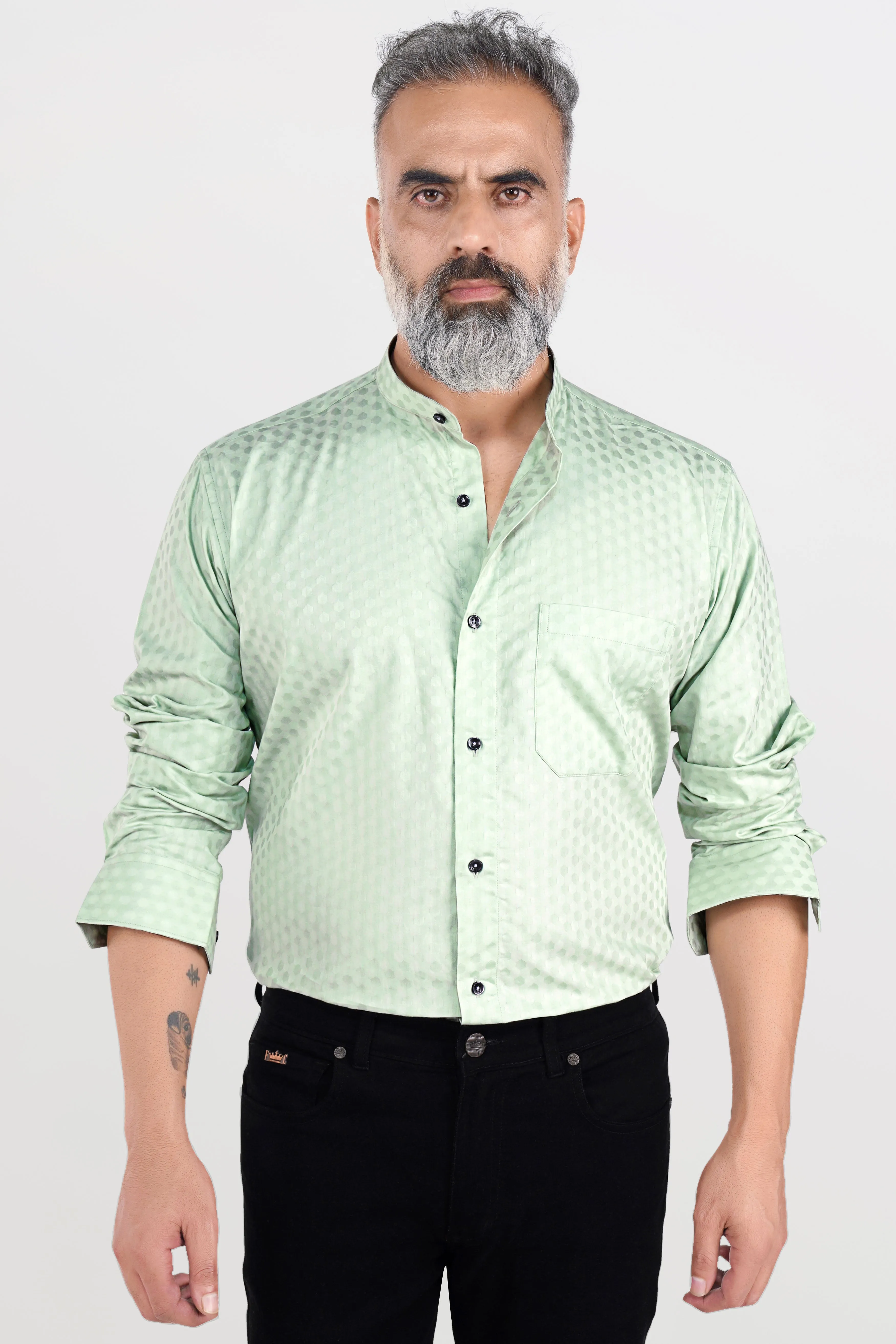 Albescent Green Hexagonal Jacquard Textured Premium Giza Cotton Shirt