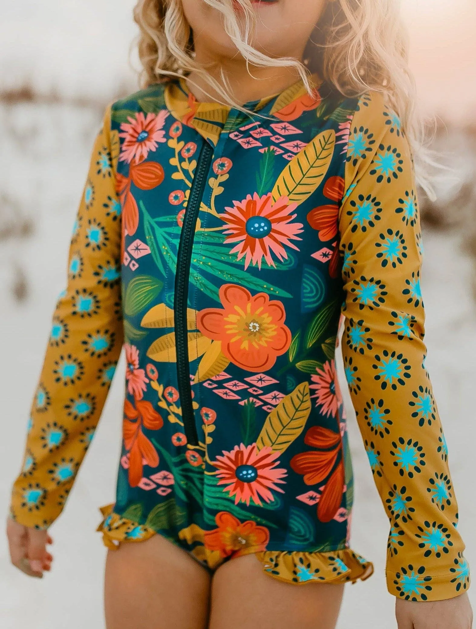Kids Mustard Tropical Zip Rash Guard One Piece Swimsuit: