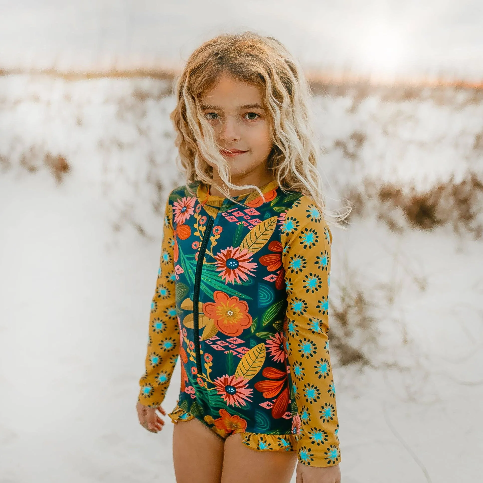 Kids Mustard Tropical Zip Rash Guard One Piece Swimsuit: