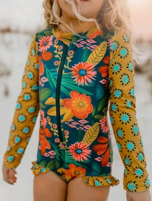 Kids Mustard Tropical Zip Rash Guard One Piece Swimsuit: