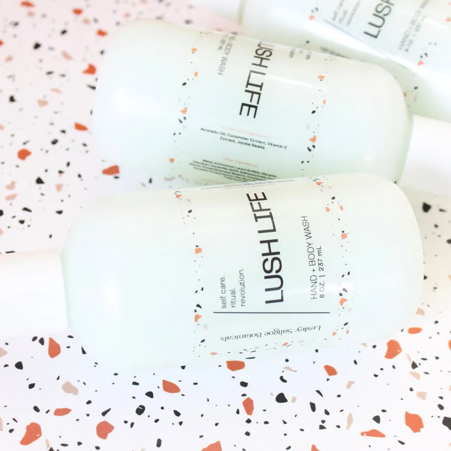 LUSH LIFE Hand and Body Wash. Avocado OIl. Cucumber Extract. Plum. White Rose. Vanilla. 8 oz.