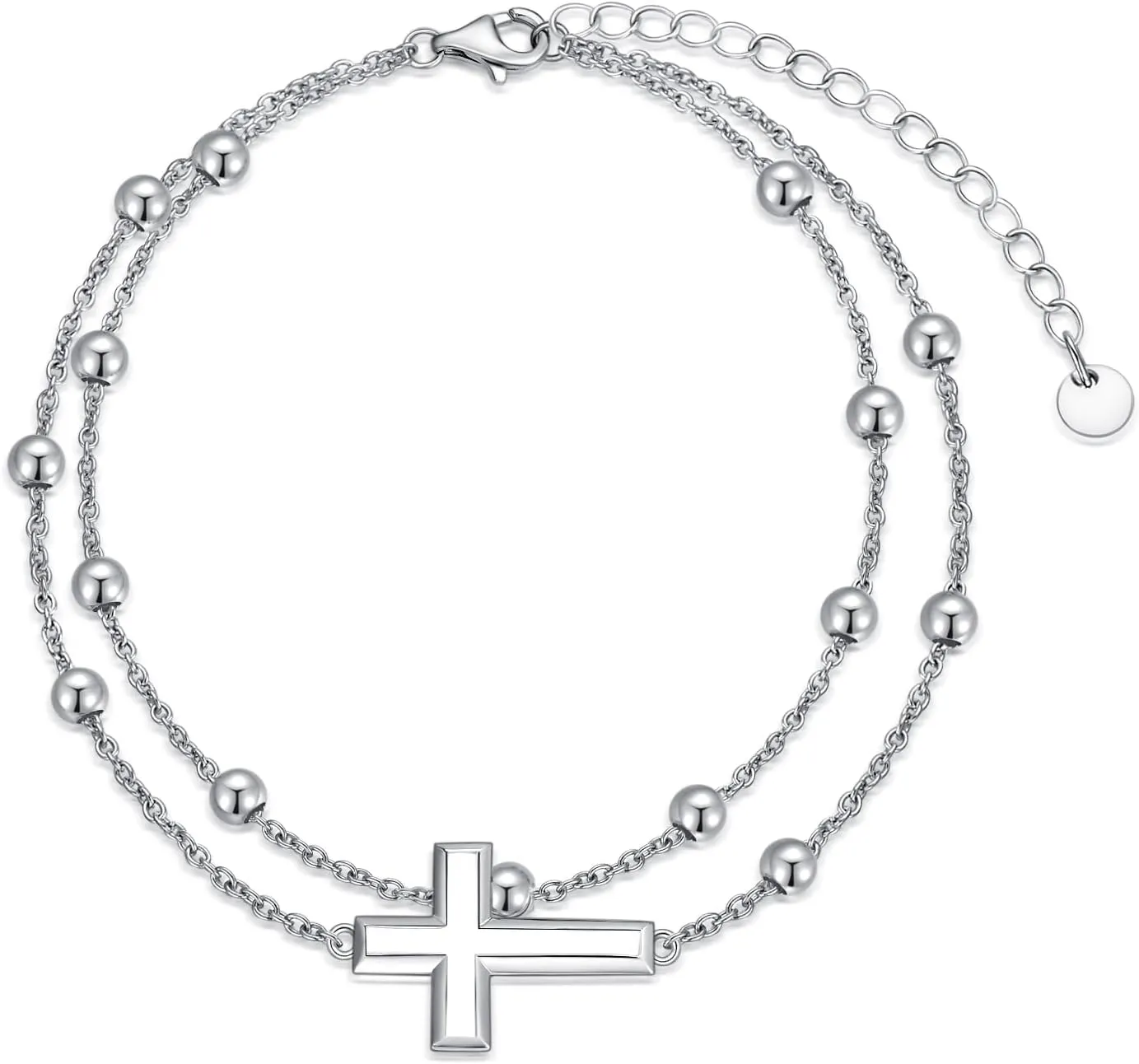 Mother's Day Gift 925 Sterling Silver Cross/Heart/Infinity/Angel Wing Adjustable Anklets Bracelets Gifts for Women, Silver Double Chain Rosary Ankle Bracelet Jewelry Gift for Women