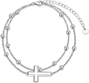 Mother's Day Gift 925 Sterling Silver Cross/Heart/Infinity/Angel Wing Adjustable Anklets Bracelets Gifts for Women, Silver Double Chain Rosary Ankle Bracelet Jewelry Gift for Women
