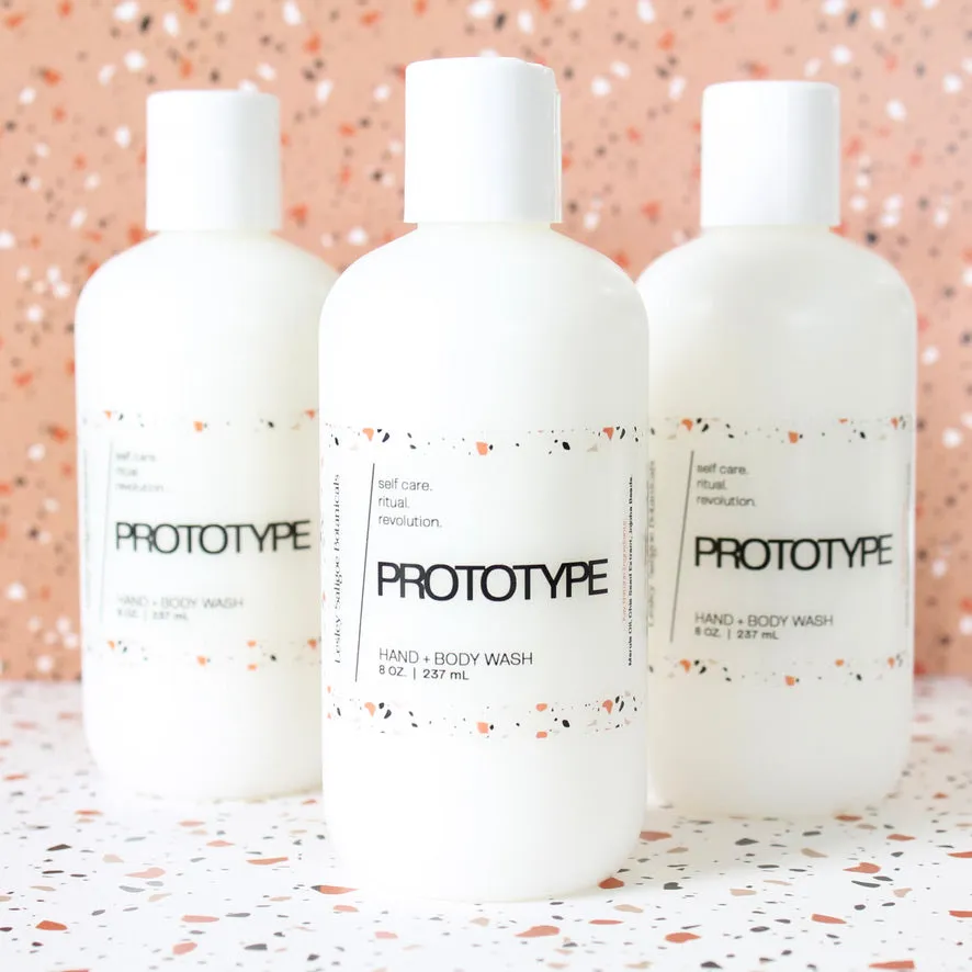 PROTOTYPE Hand and Body Wash. Marula Oil. Chia Seed Extract. Jojoba Beads. Sandalwood. Papyrus. Sweet Cream. 8 oz.