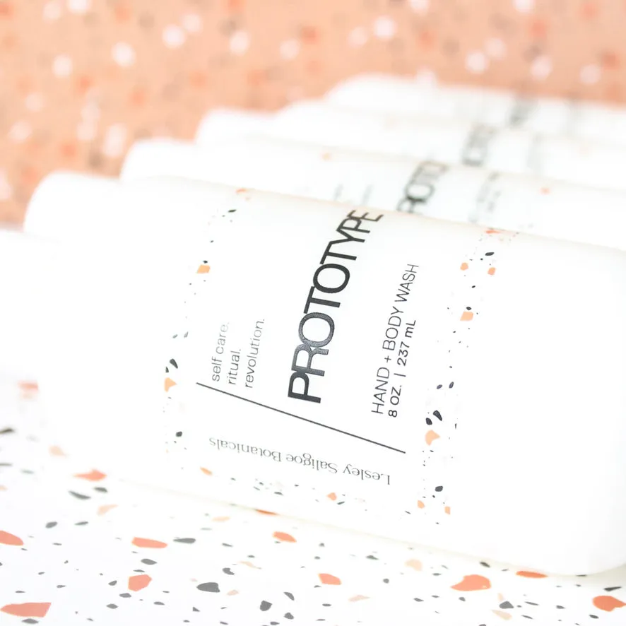 PROTOTYPE Hand and Body Wash. Marula Oil. Chia Seed Extract. Jojoba Beads. Sandalwood. Papyrus. Sweet Cream. 8 oz.