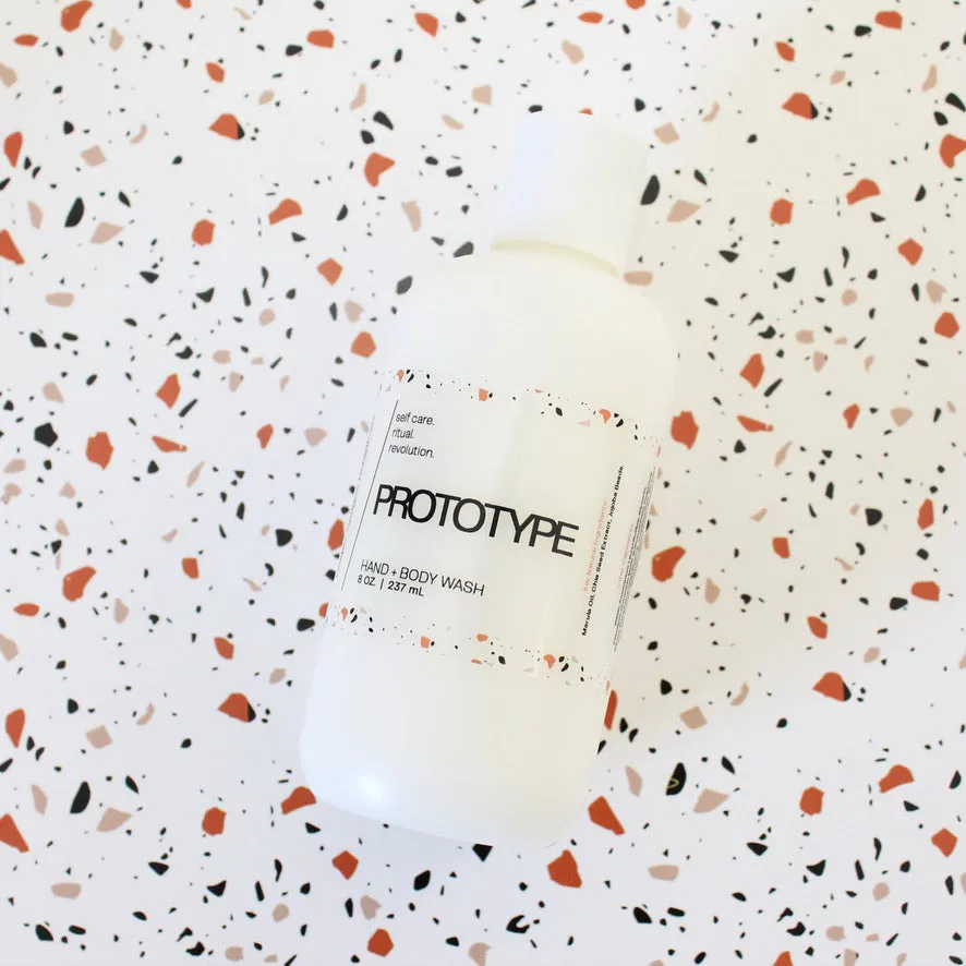 PROTOTYPE Hand and Body Wash. Marula Oil. Chia Seed Extract. Jojoba Beads. Sandalwood. Papyrus. Sweet Cream. 8 oz.