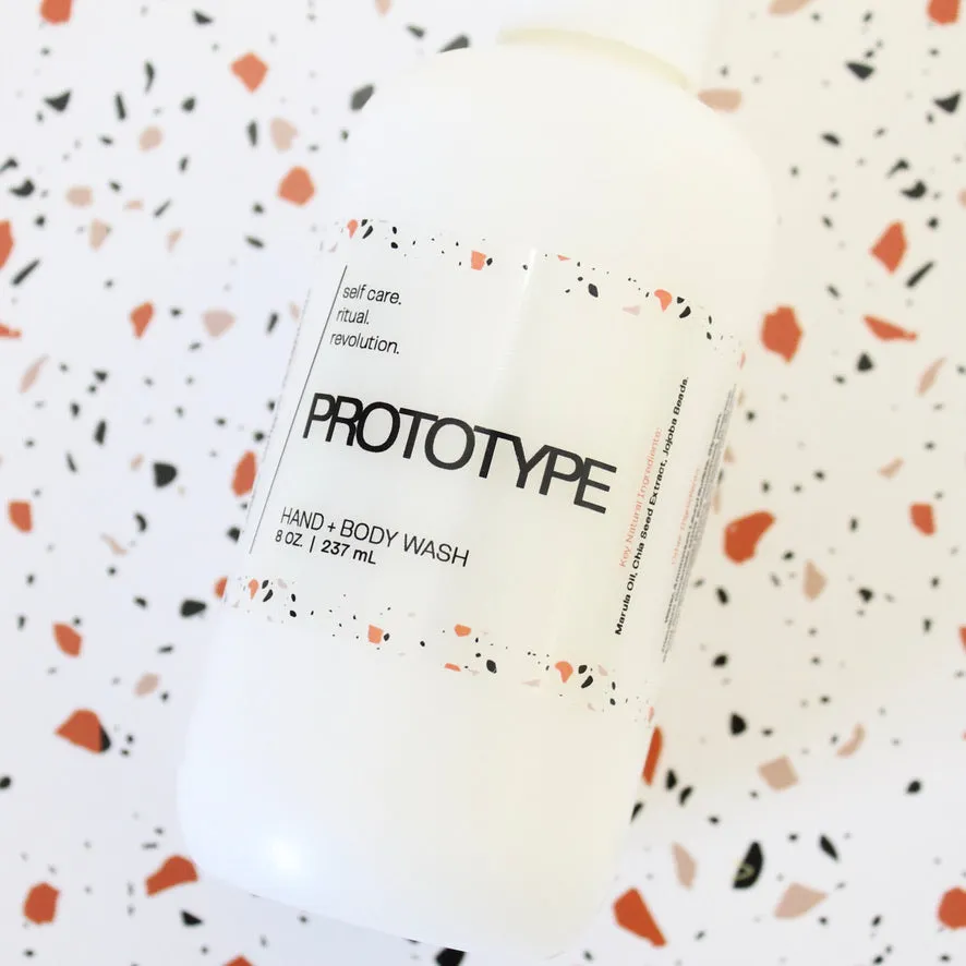 PROTOTYPE Hand and Body Wash. Marula Oil. Chia Seed Extract. Jojoba Beads. Sandalwood. Papyrus. Sweet Cream. 8 oz.