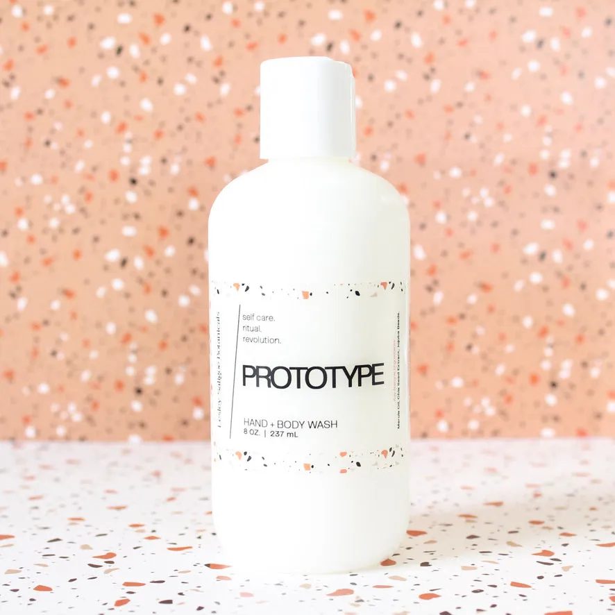 PROTOTYPE Hand and Body Wash. Marula Oil. Chia Seed Extract. Jojoba Beads. Sandalwood. Papyrus. Sweet Cream. 8 oz.