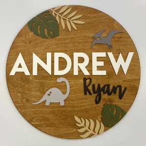 Sugar   Maple Round Personalized Name Sign | Dinosaur