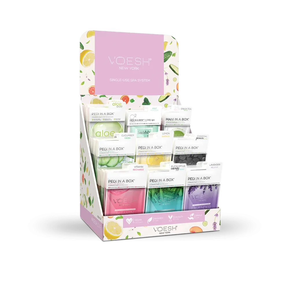Voesh 4-Step Pedi in a Box Counter Display - 27 Pieces